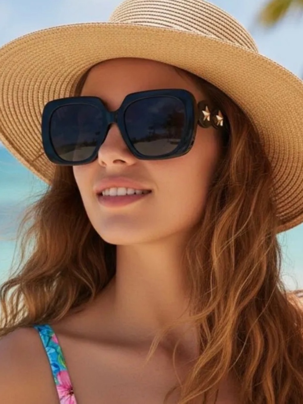 Women’s Black Square Sunglasses with Star Accents